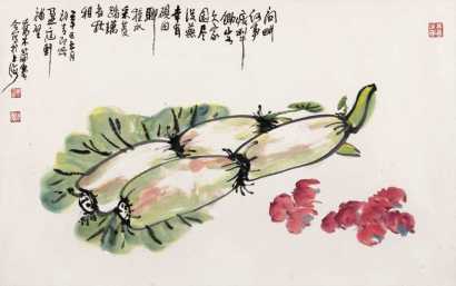 乔木 曹简楼 辛巳（2001年）作 蔬果图 镜心